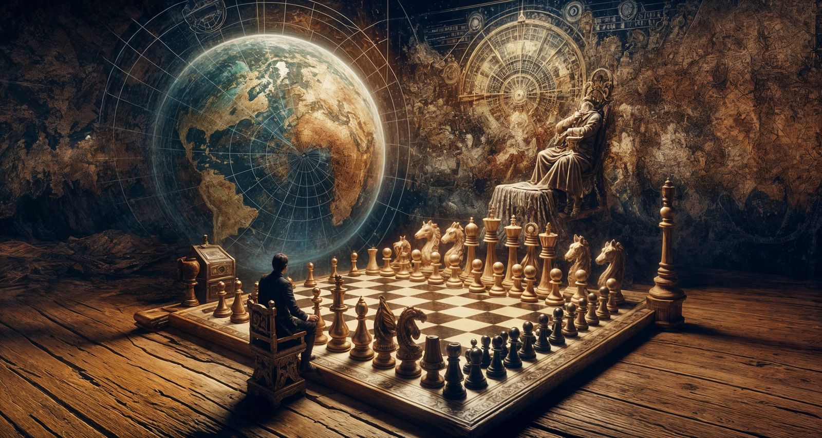 King Contemplates Chess Pieces on World Map