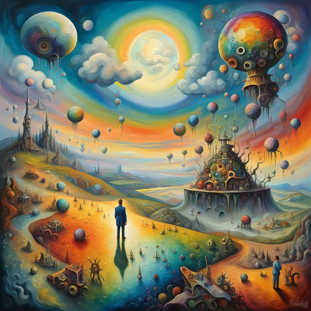 Surreal Landscape with Bizarre Creatures in Oil Painting Sty...