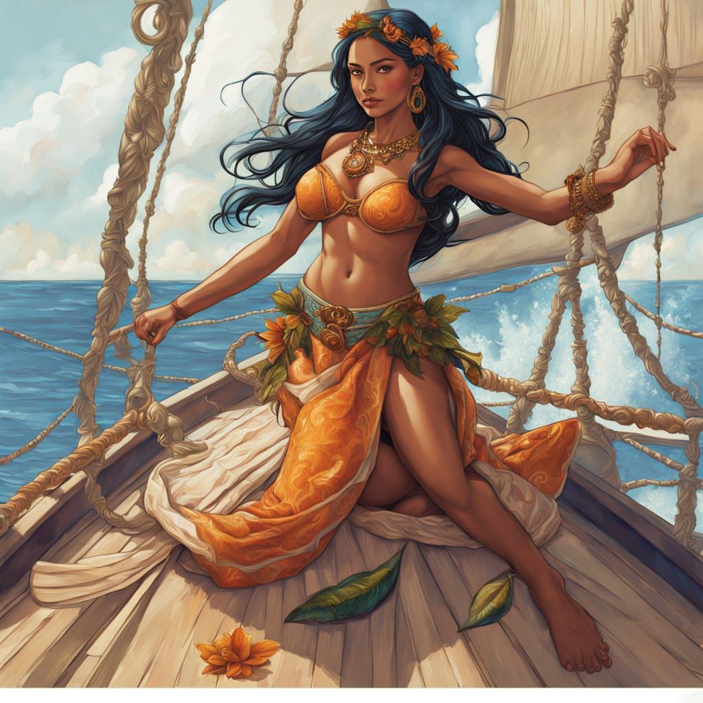 Hula Dancer on Sailboat at Sunset, Sci-Fi Fantasy Art
