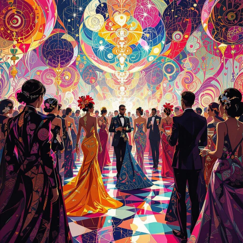 Vibrant Party Scene with Swirling Patterns in Digital Art