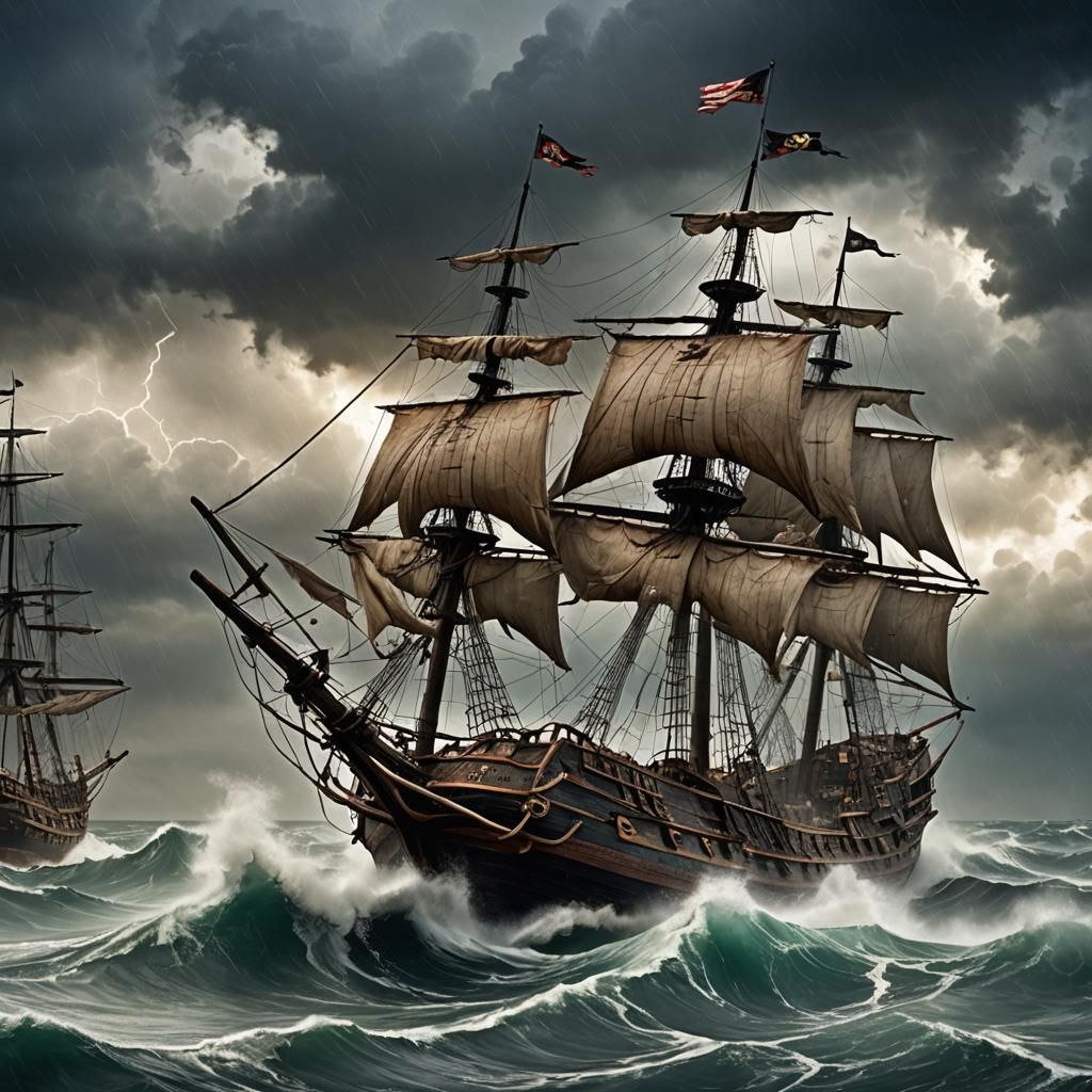 Pirate Ship Amidst Tempestuous Seas