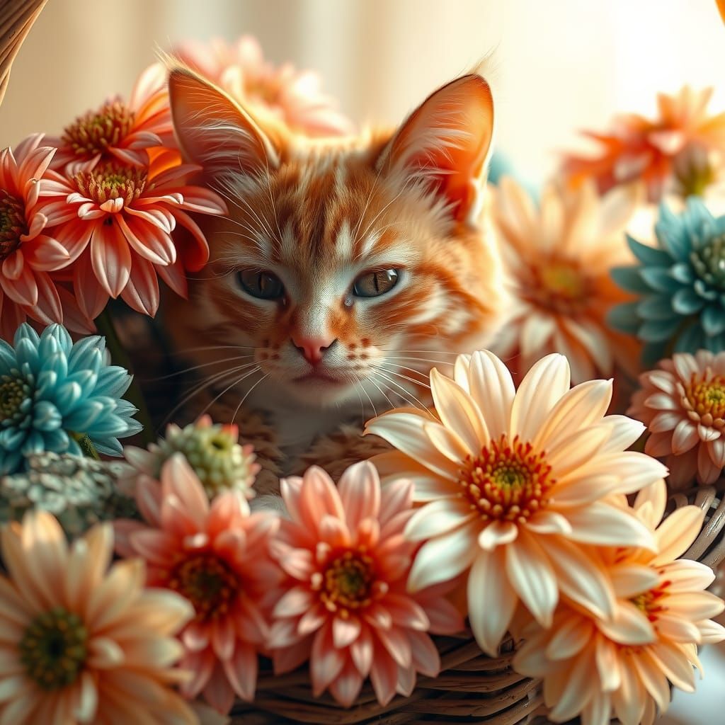 Orange Cat with Flowers in Watercolor Style