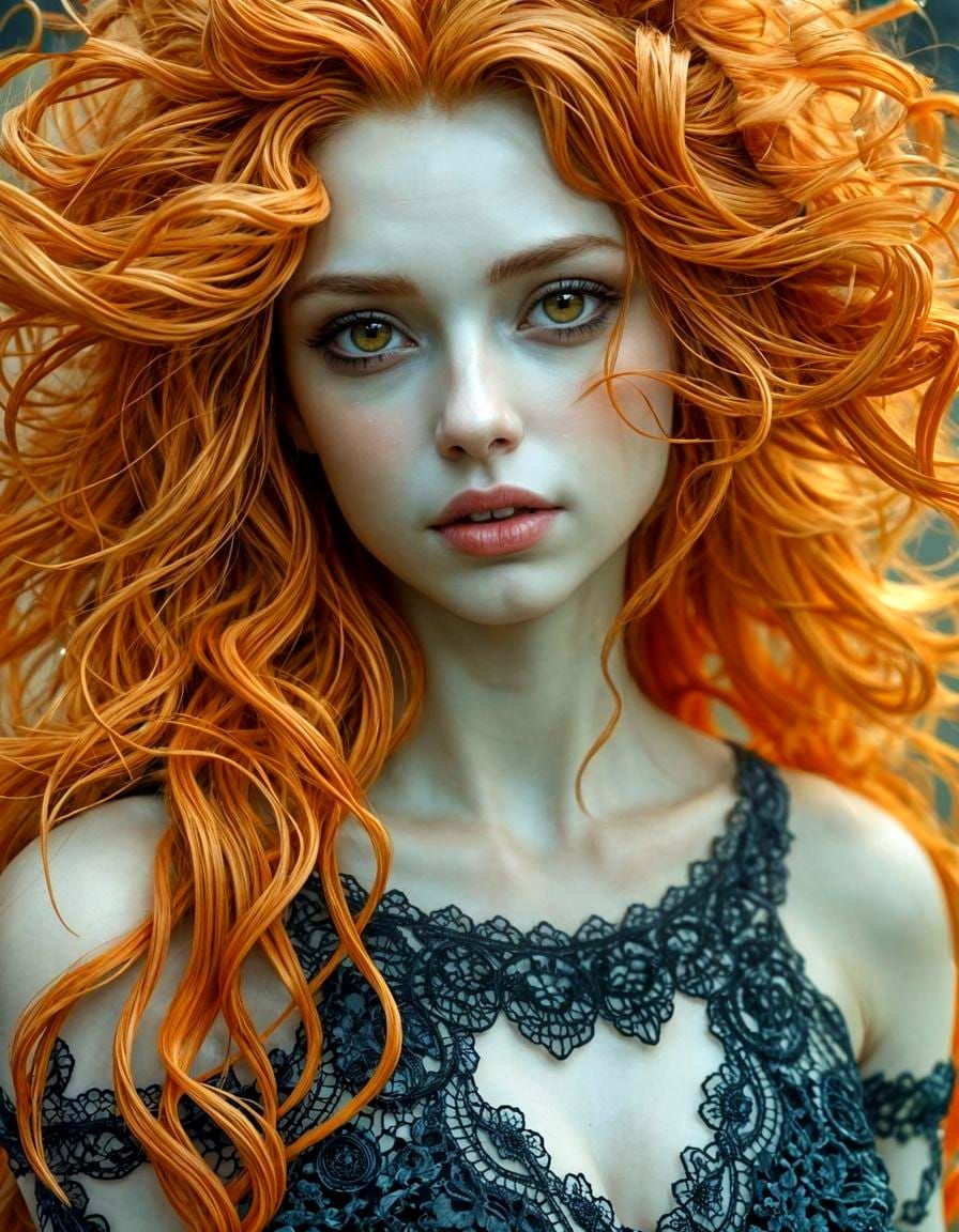 Ethereal Goddess with Orange Hair and Black Lace