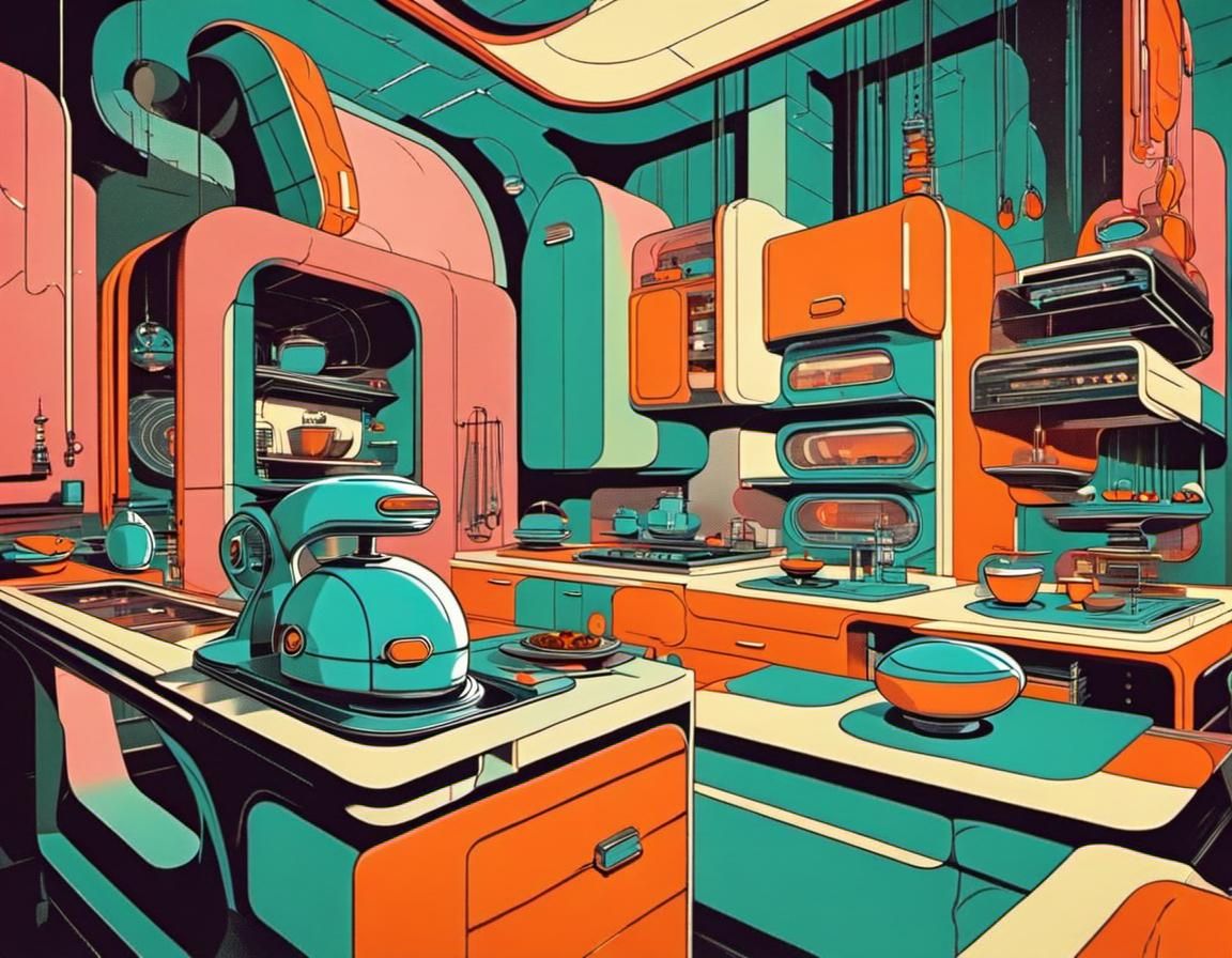 Retro-Futuristic Kitchen Dominated by Robots