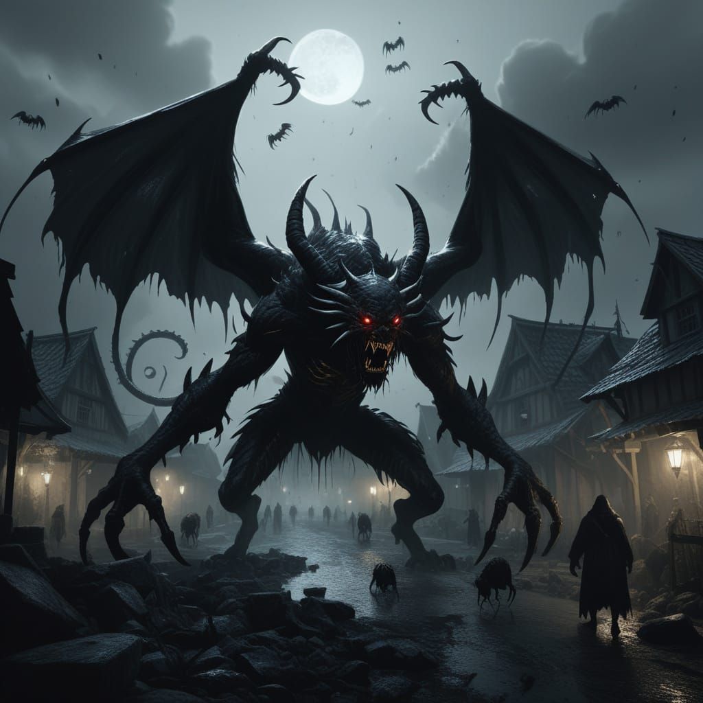 Dark Fantasy Village Attacked by Crystal Spiders and Chimera