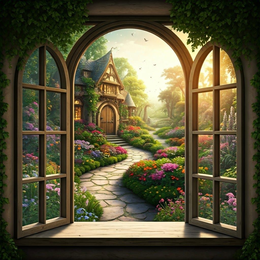 Enchanted Garden View Through Ancient Window