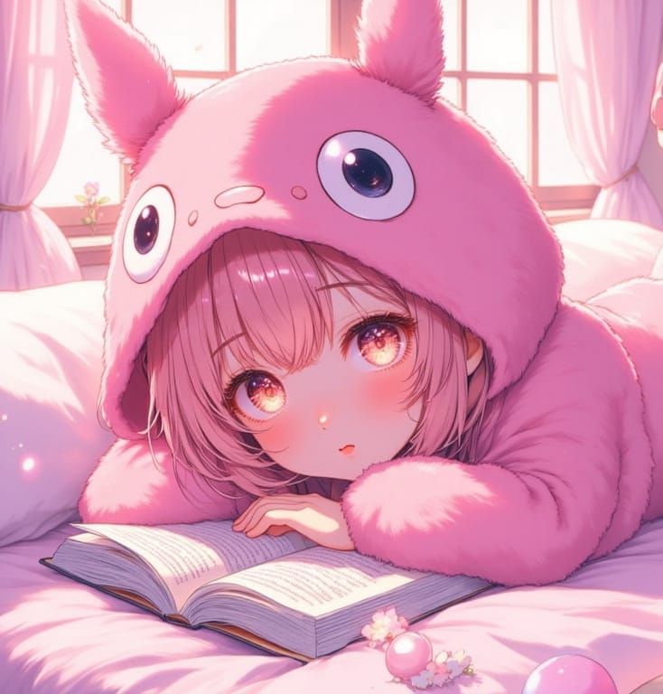 Charming Anime Girl Reads Manga in Pastel Paradise