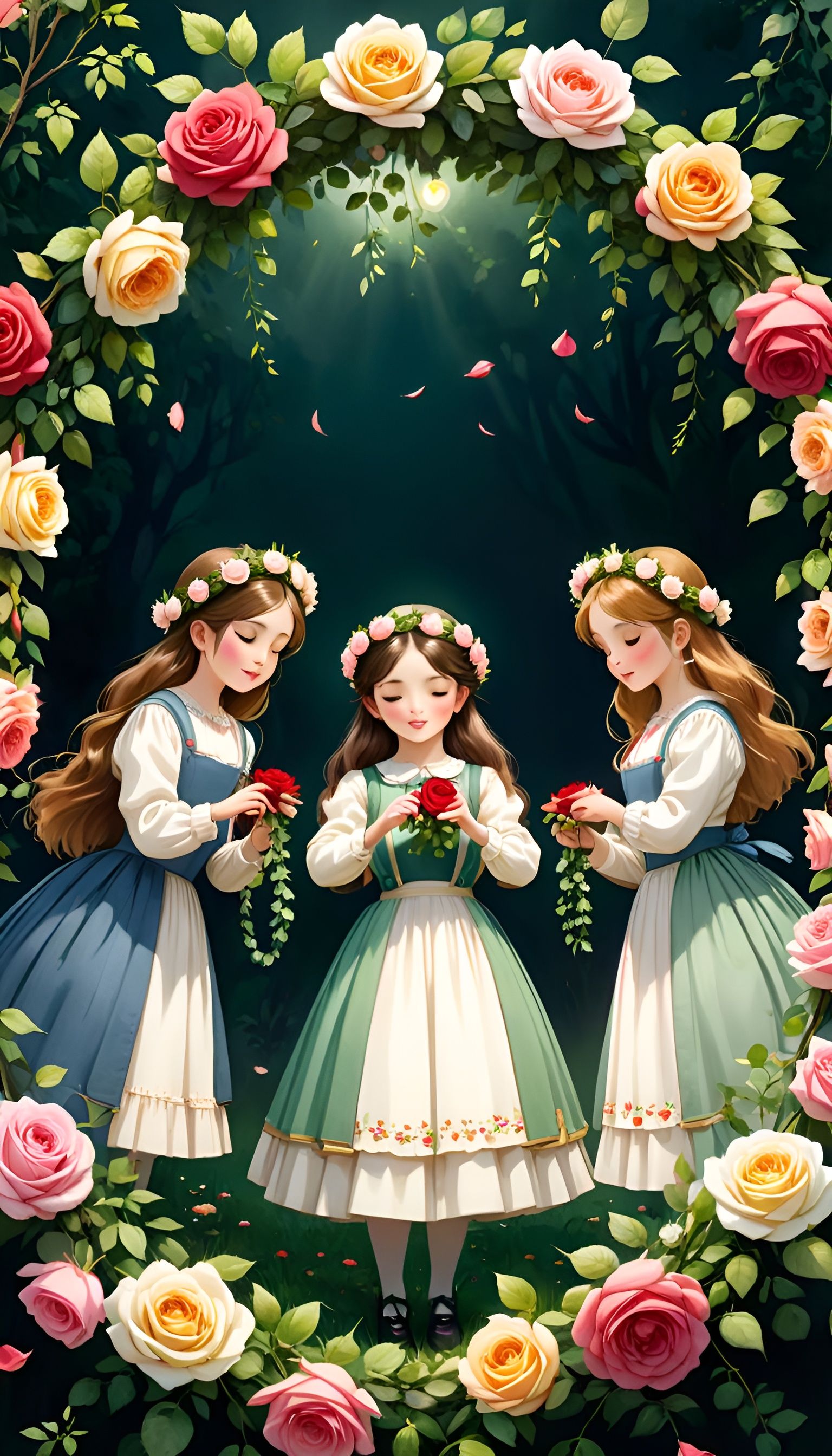 Ominous Watercolor: Girls Making Rose Garlands