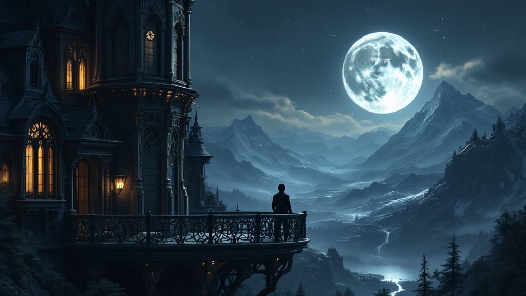 Epic Neo-Gothic Victorian Figure Contemplates Futuristic Moo...