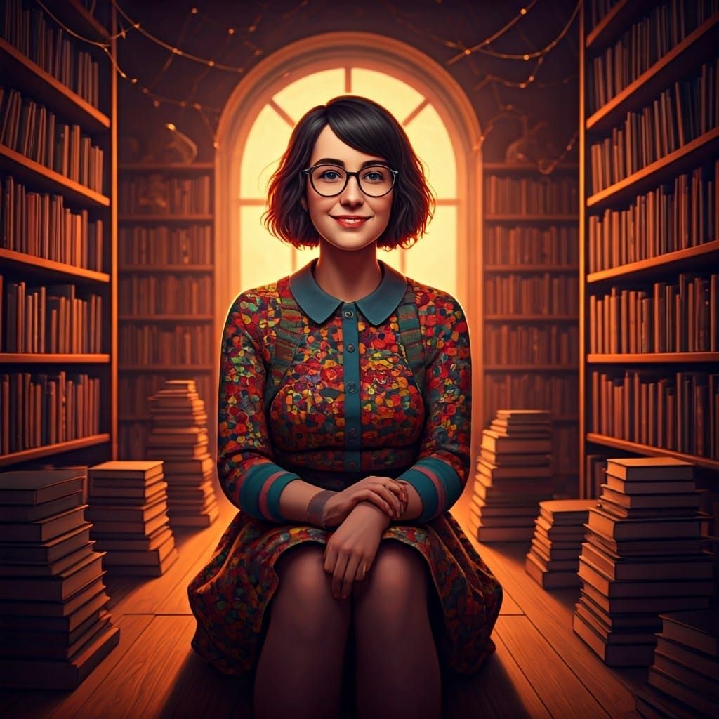 Kind Librarian in a Vibrant Library with Warm Lighting