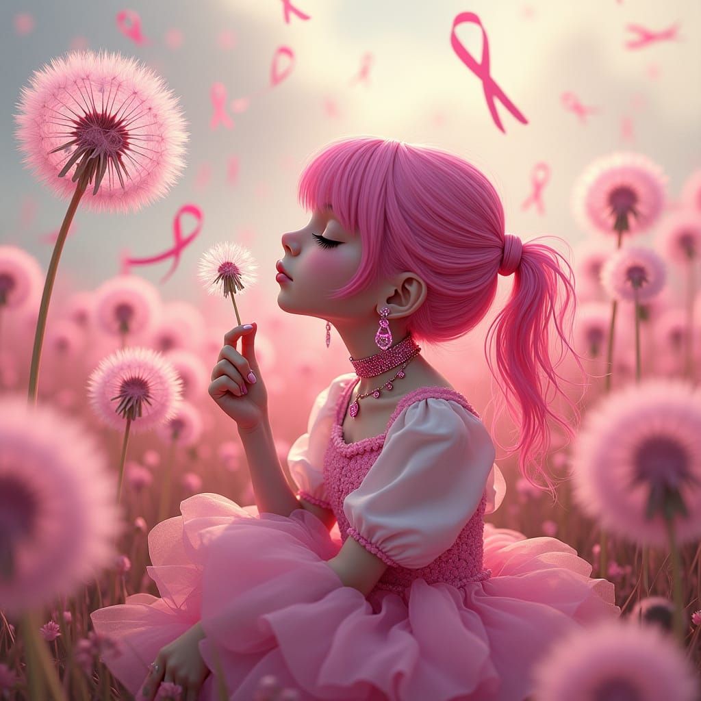 Pink Goth Girl Making Wish on Dandelion