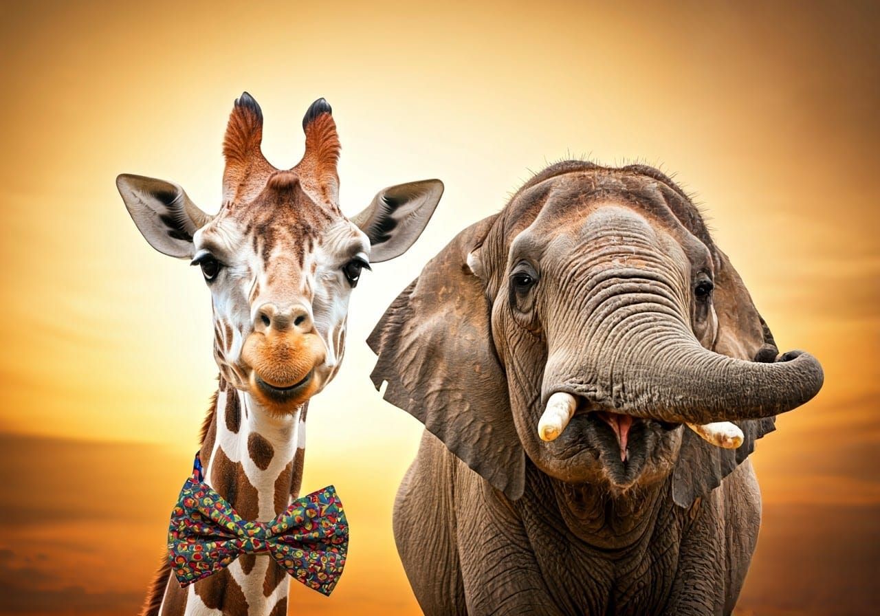 Giraffe Smiles as Elephant Photobombs in Hyperrealism