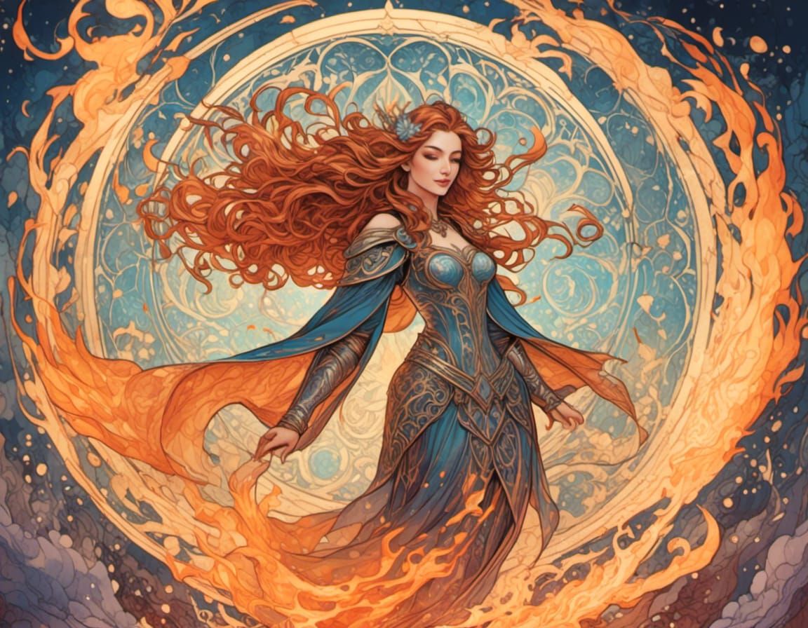 Goddess of Fire in Colorful Fantasy Landscape