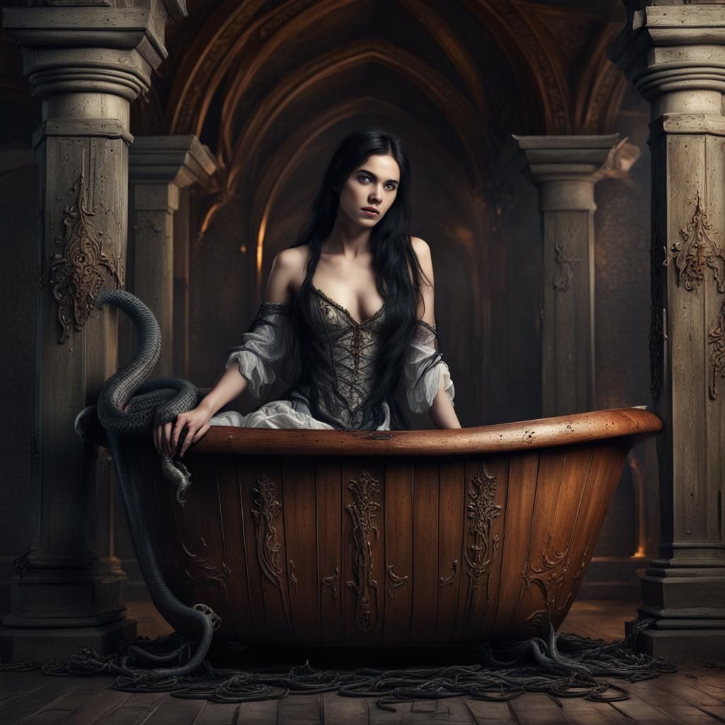 Medieval Serpent Girl in Castle Tub, Detailed Painting