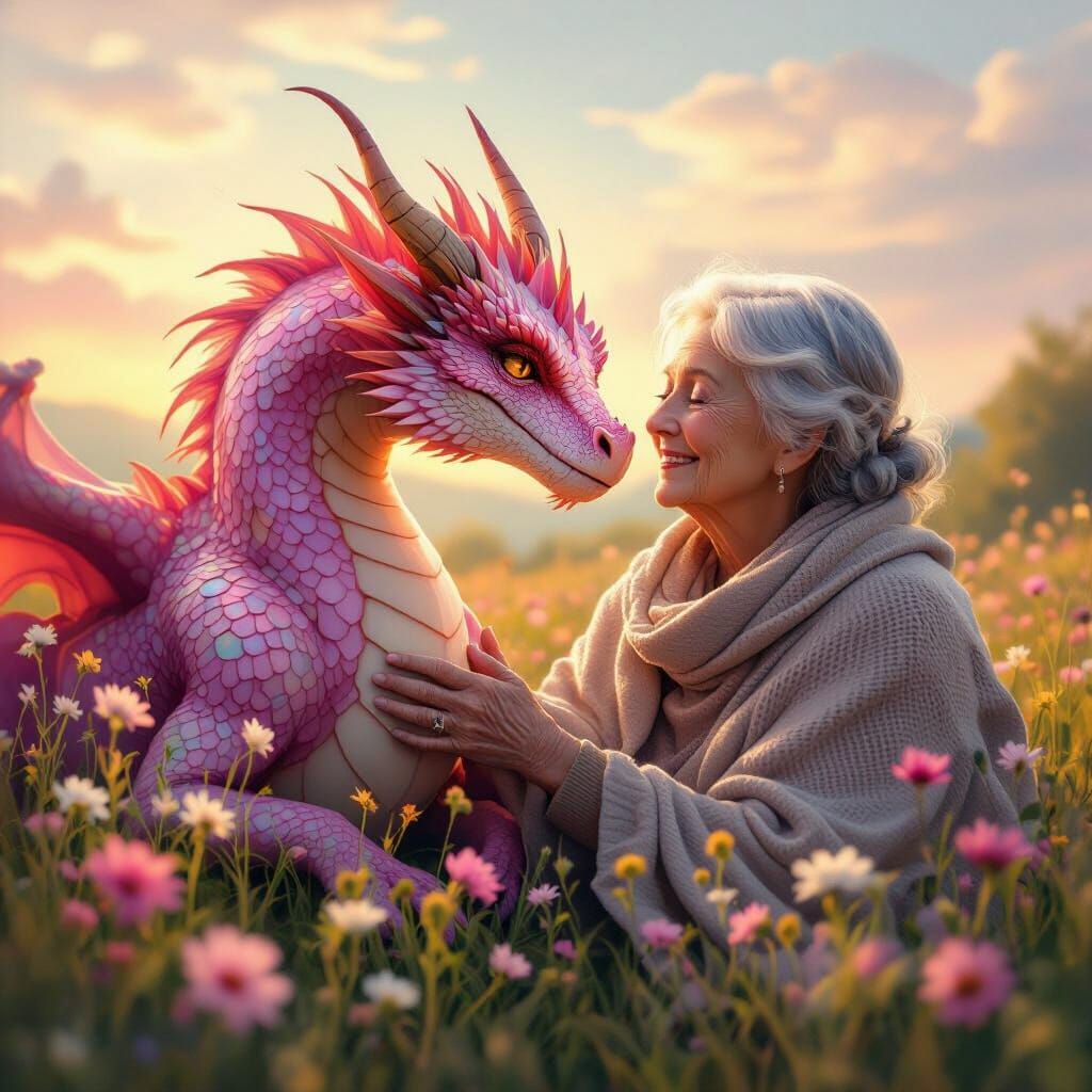 Pink Dragon and Elderly Woman in Sun-Dappled Meadow
