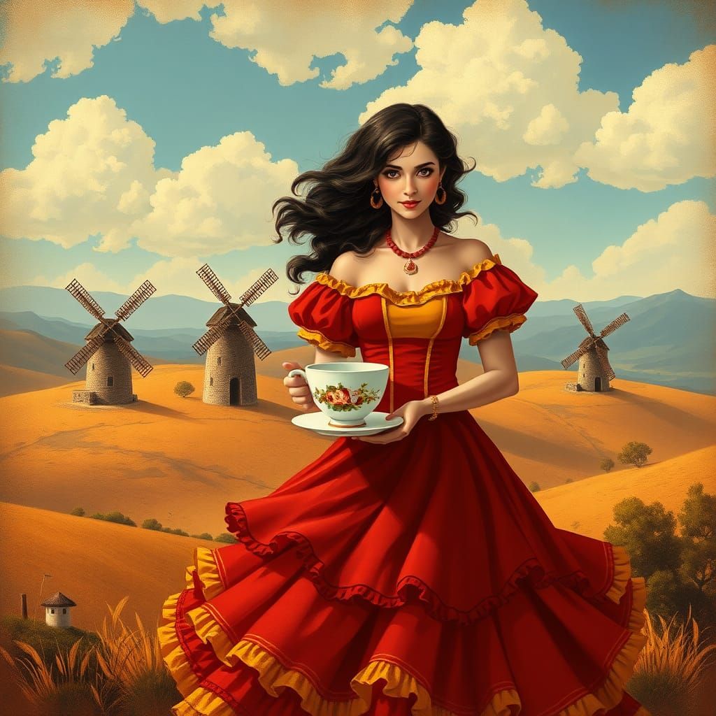 Whimsical Spanish Coffee Ad with Don Quixote Windmills