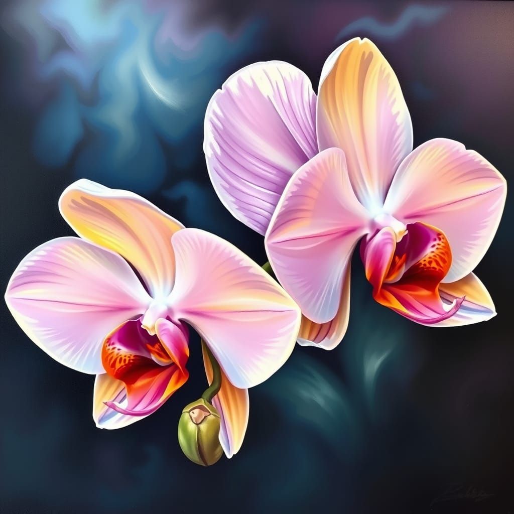 Beautiful Orchid Blooms Captured in Detailed Oil Painting