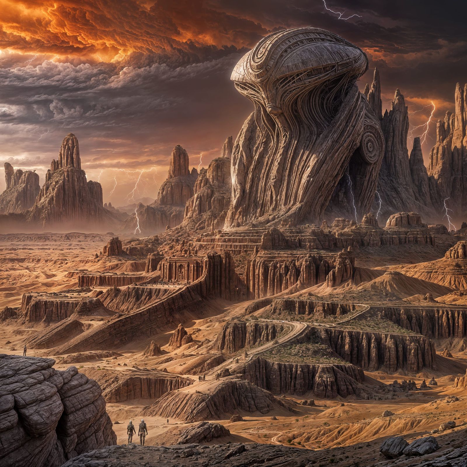 Alien God Judges Humans in Stormy Desert Landscape