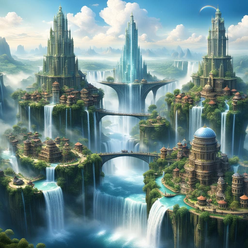 Floating Island City in the Sky with Waterfalls