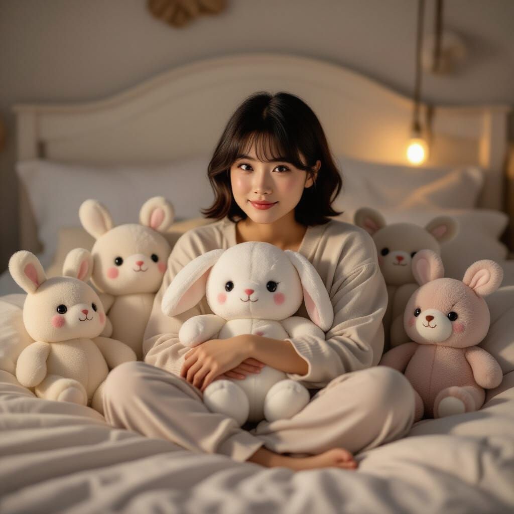 Pretty Woman with Plushies in Cozy Bedroom