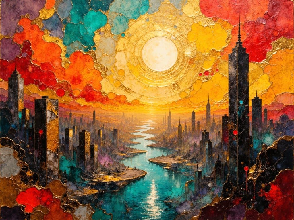 Futuristic Cityscape in Crimson, Turquoise, and Gold Oil Pai...