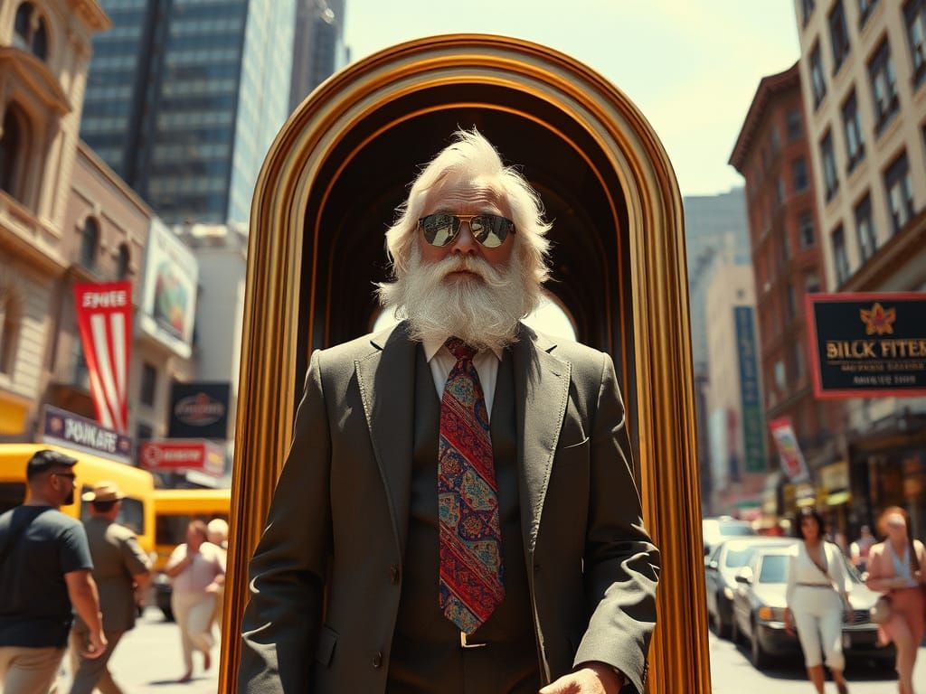 Socrates Steps Out of Portal in Busy City