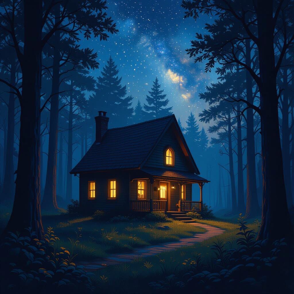 Cottage in Midnight Woods: A Matte Painting