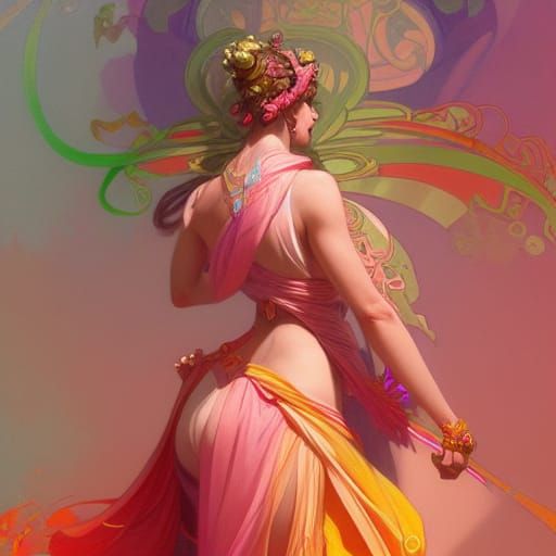 Rococo Goddess in Pink, Orange and Green