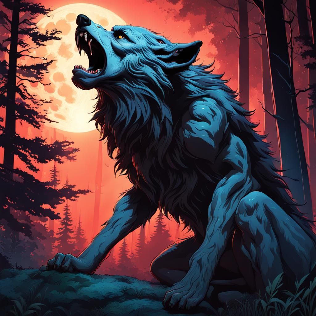 Werewolf Howling at Moon in Dark Forest