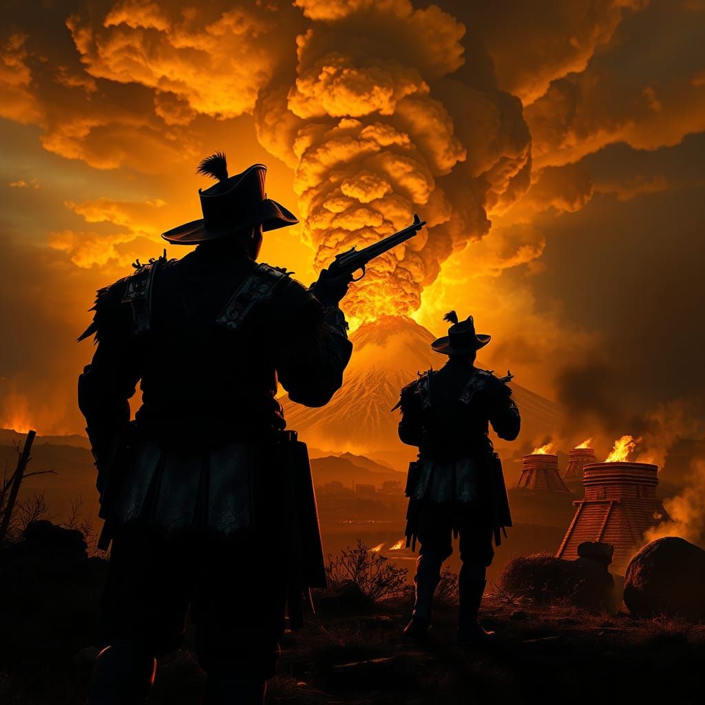 Conquistador Silhouettes Against Volcanic Eruption