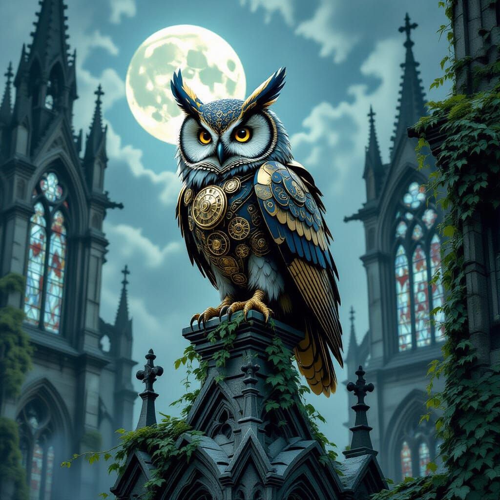 Mechanical Owl on Gothic Spire in Moonlight, Matte Painting