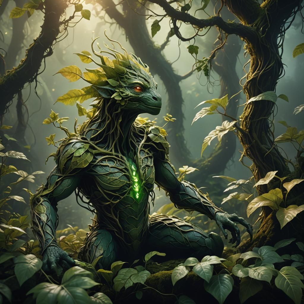 Green Plant Creature in Misty Forest: Fantasy Concept Art