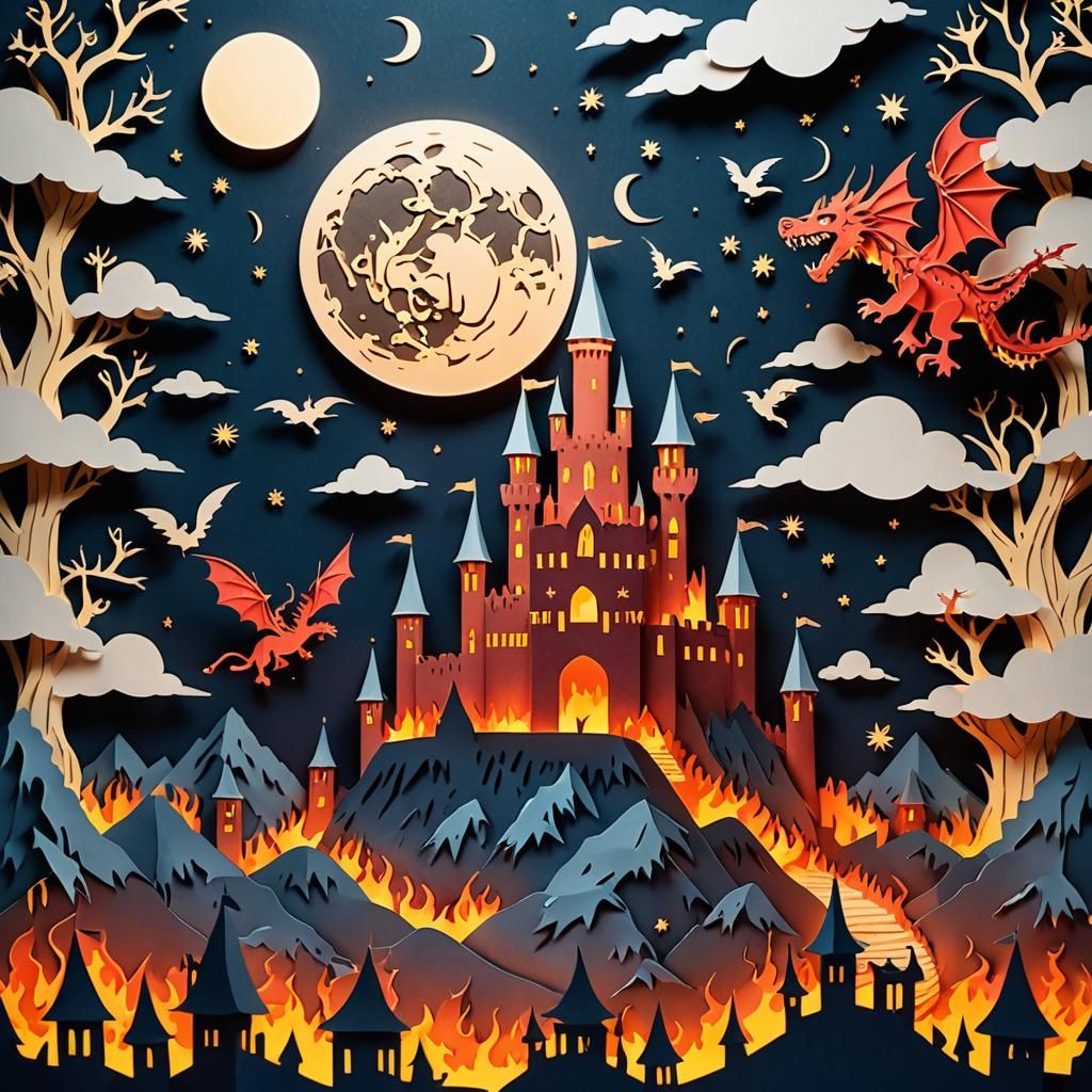 Fiery Kirigami Castle with Dragons in Paper Cut Style