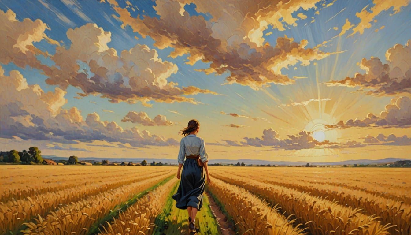 Woman in Golden Wheat Fields: Impressionist Oil Painting