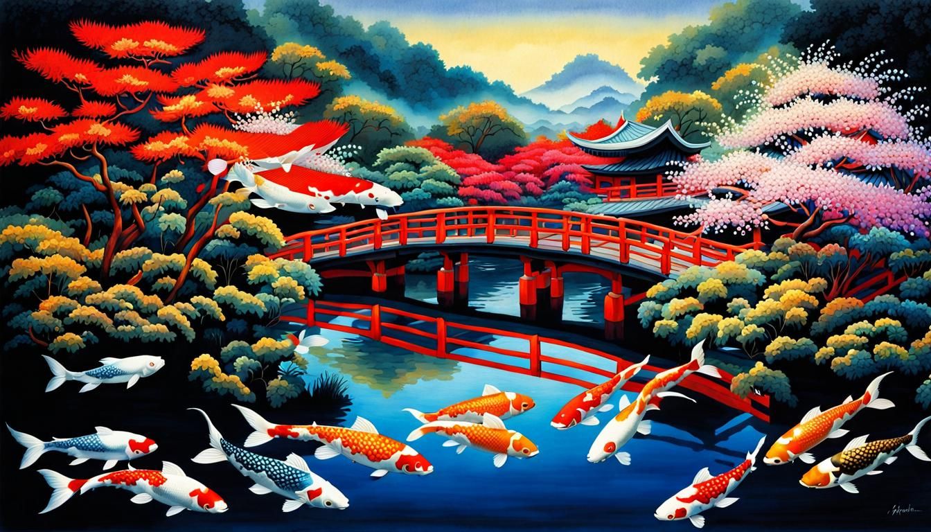 Elegant Kabuki Performer in Vibrant Koi Garden