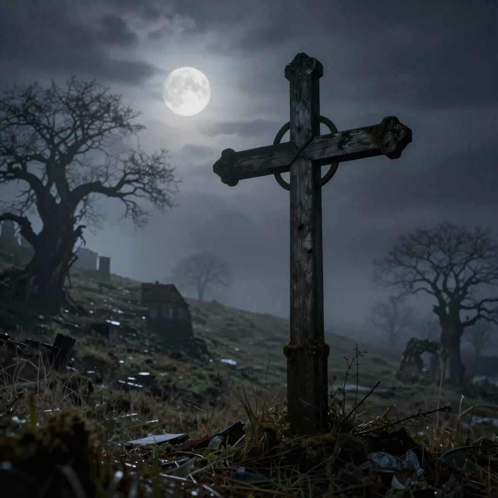 Weathered Wooden Cross on Moody Hillside