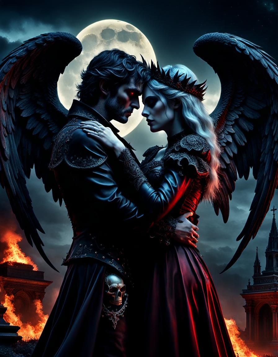 Demonic Angel Embrace in Gothic Psychedelic Art