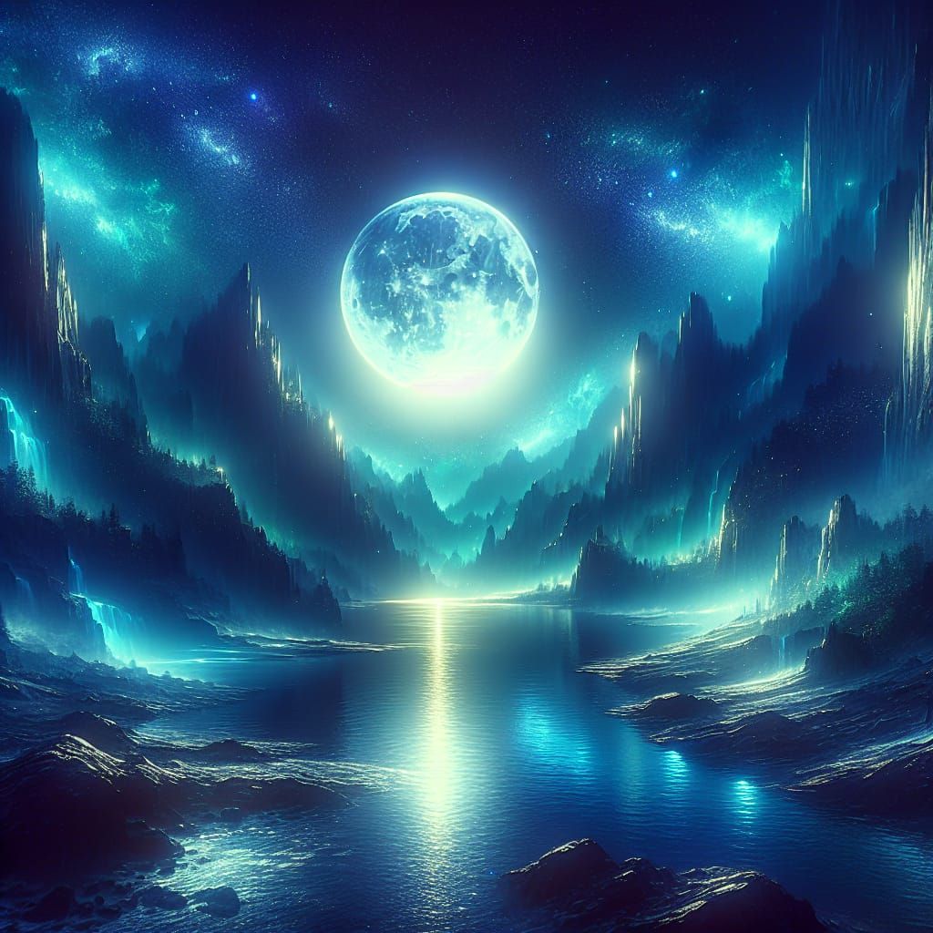 Ethereal Moonlight Illuminates Fantasy Waterscape