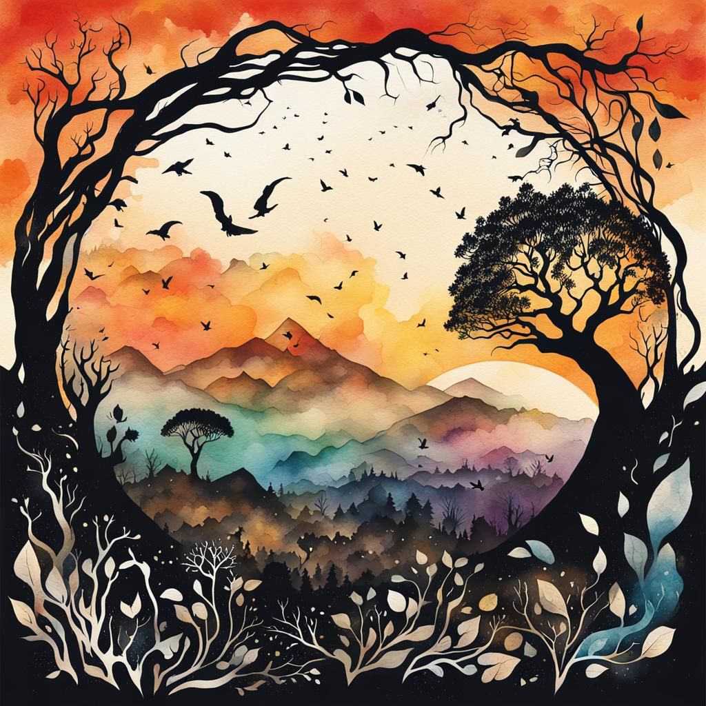 Earth's Rebirth: Silhouettes in Watercolor Vector Art