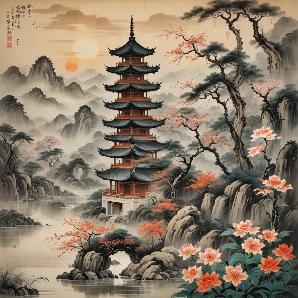 Chinese painting - Pagoda on the Lake