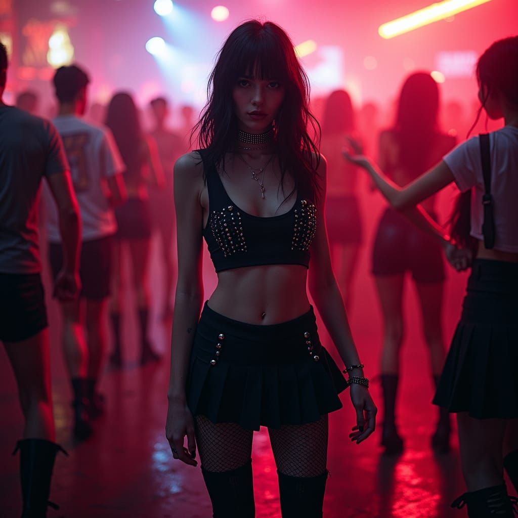 goth girl in black crop top tight short mini skirt fishnets ...