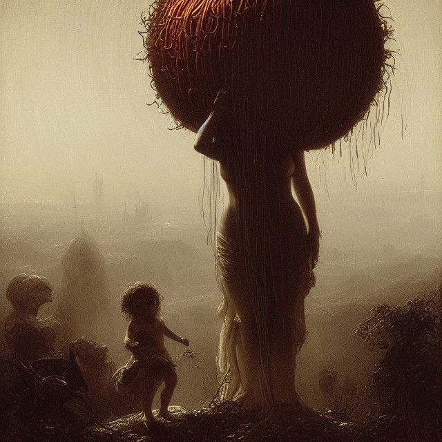 Mother holding a giant meatball.