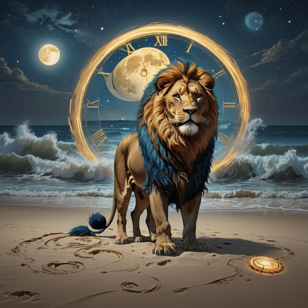 Lion on Moonlit Beach with Clock: Surreal Concept Art