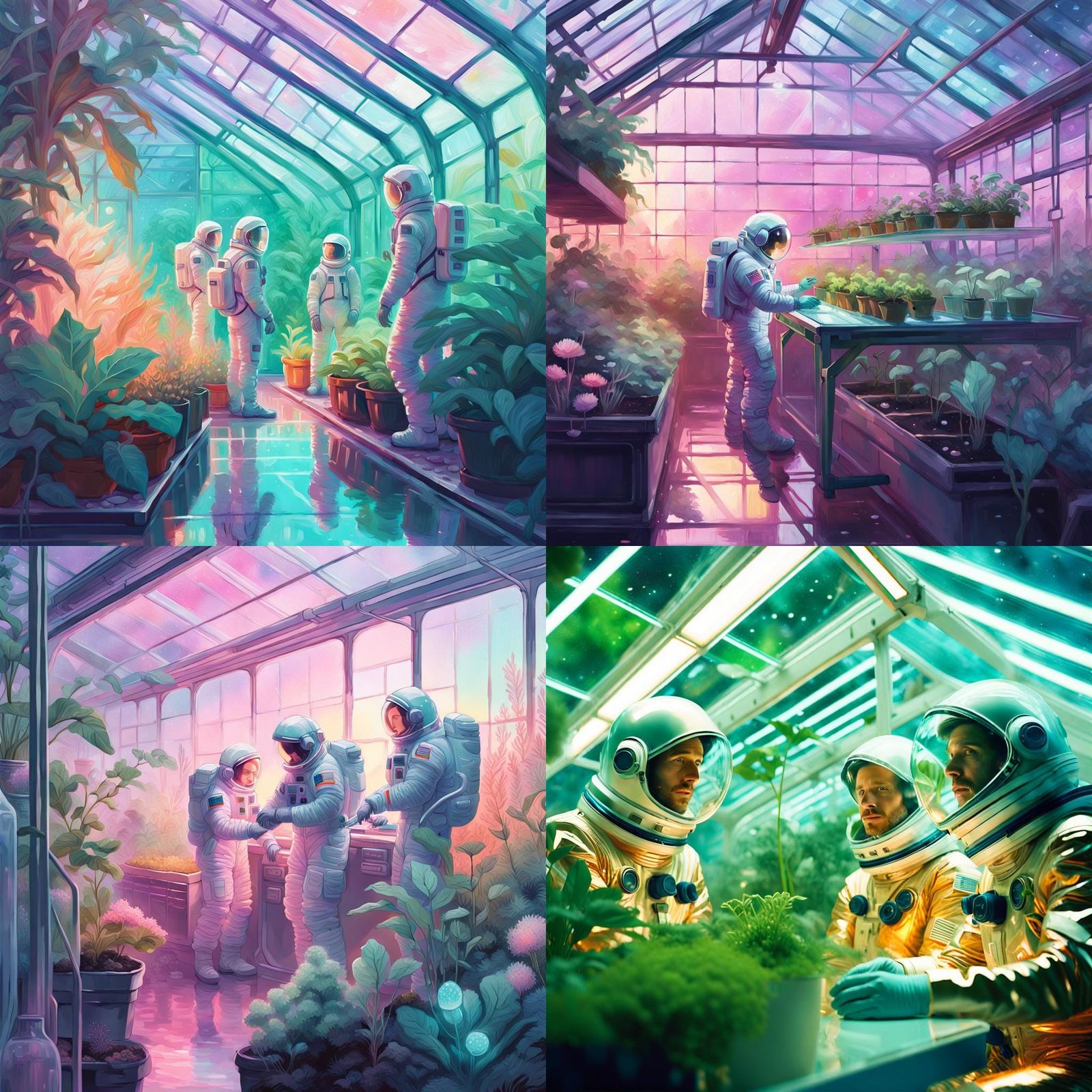 Astronauts in Space Colony with Greenhouse: Poster Art
