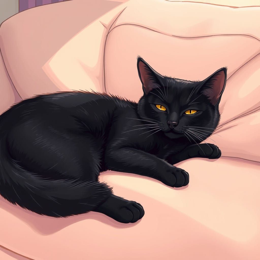 Sleek Black Cat in Cozy Anime-Inspired Domestic Scene