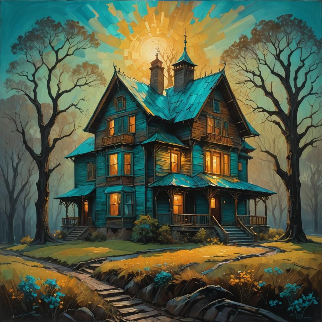 Vibrant Oil Painting: Primordial Figure at Coldly Lit Manse