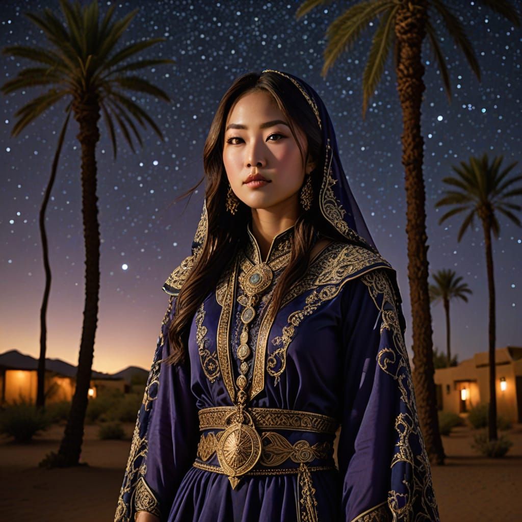 Karen Fukuhara in Ornate Bedouin Attire Under a Starry Deser...