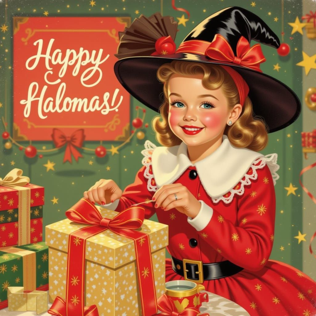 1950s Girl in Witch Costume Wrapping Christmas Presents