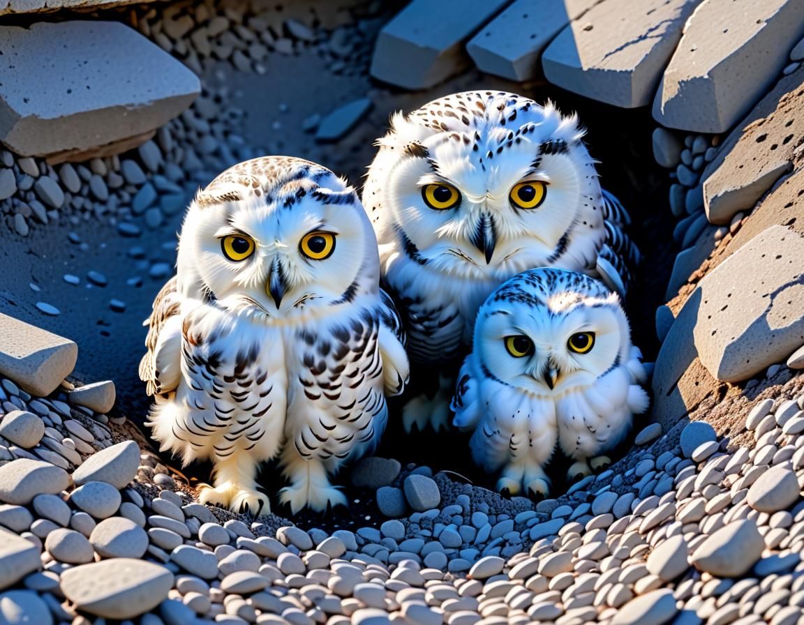 Snowy Owlets in Rocky Nest: Aerial View