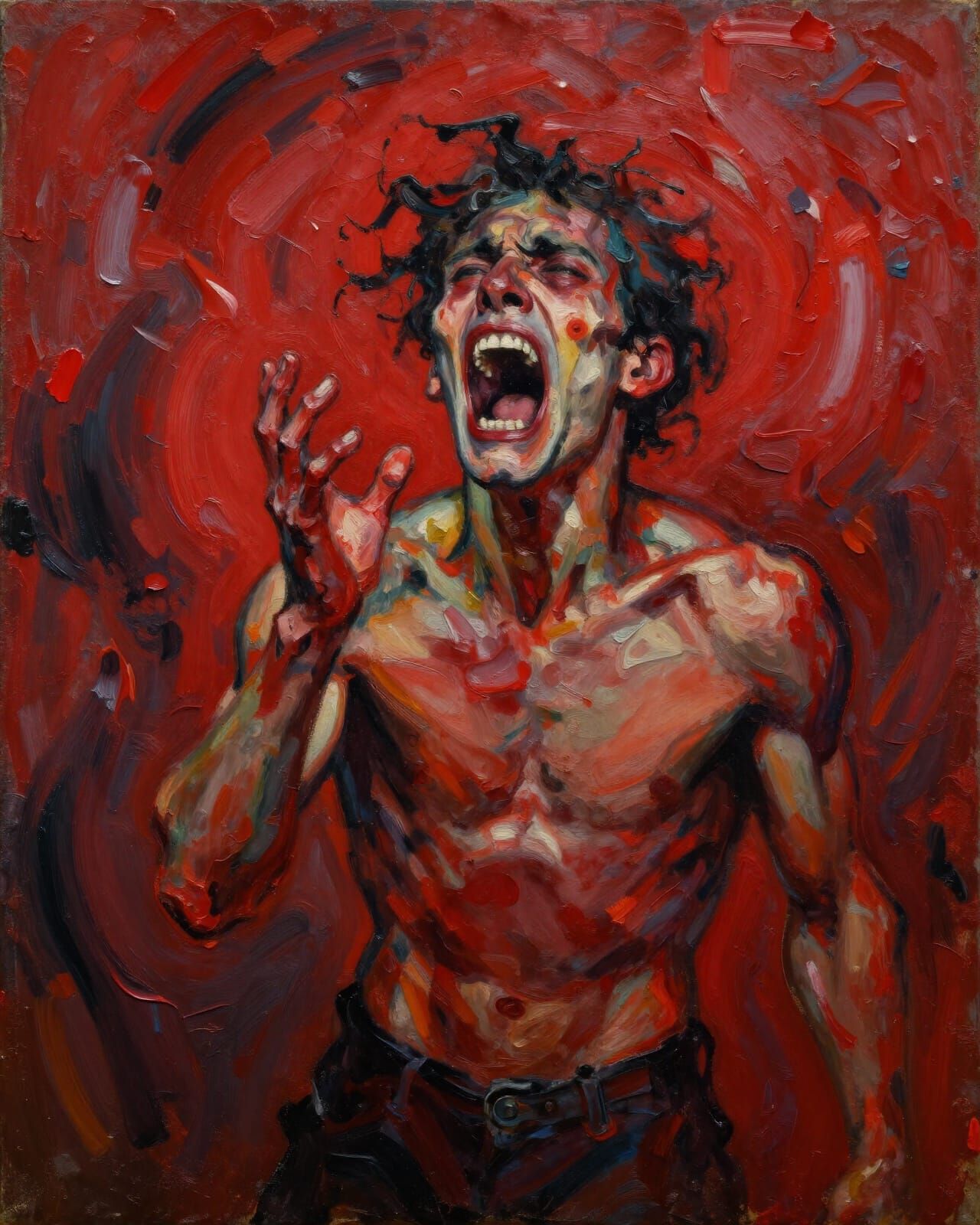 Expressionist Oil Painting of Screaming Figure in Crimson St...